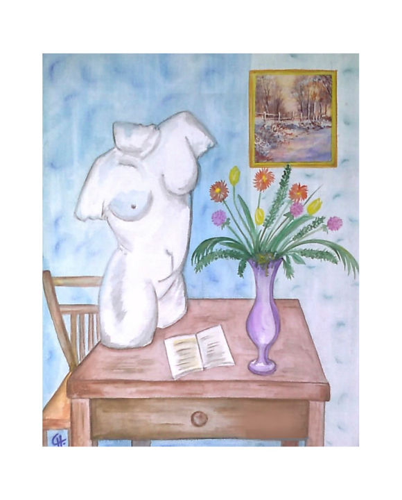 Peinture intitulée "Buste et bouquet de…" par Cathart, Œuvre d'art originale, Acrylique