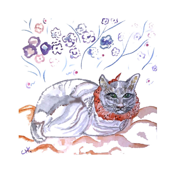 Peinture intitulée "chat au bandana rou…" par Cathart, Œuvre d'art originale, Acrylique