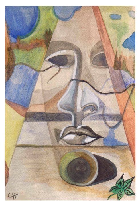 Pittura intitolato "Visage dans la pier…" da Cathart, Opera d'arte originale, Acquarello
