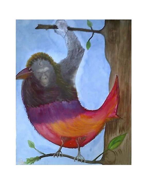 Painting titled "mi gorille mi oiseau" by Cathart, Original Artwork, Watercolor