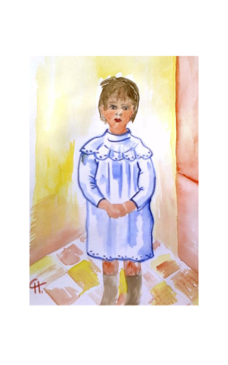 Pintura intitulada "petite fille en bleu" por Cathart, Obras de arte originais, Aquarela