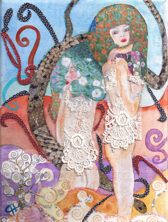 Collages titled "Femmes en dentelle…" by Cathart, Original Artwork, Textiles