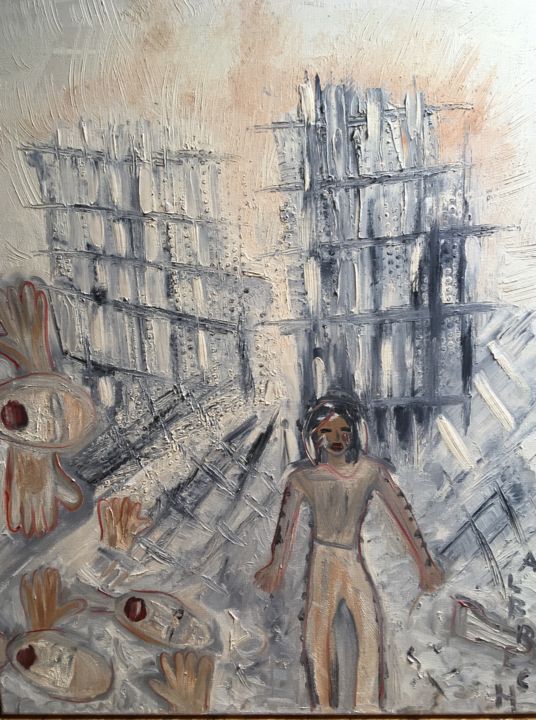 Ζωγραφική με τίτλο "911" από Catherine Albrech, Αυθεντικά έργα τέχνης, Ακρυλικό Τοποθετήθηκε στο Ξύλινο φορείο σκελετό
