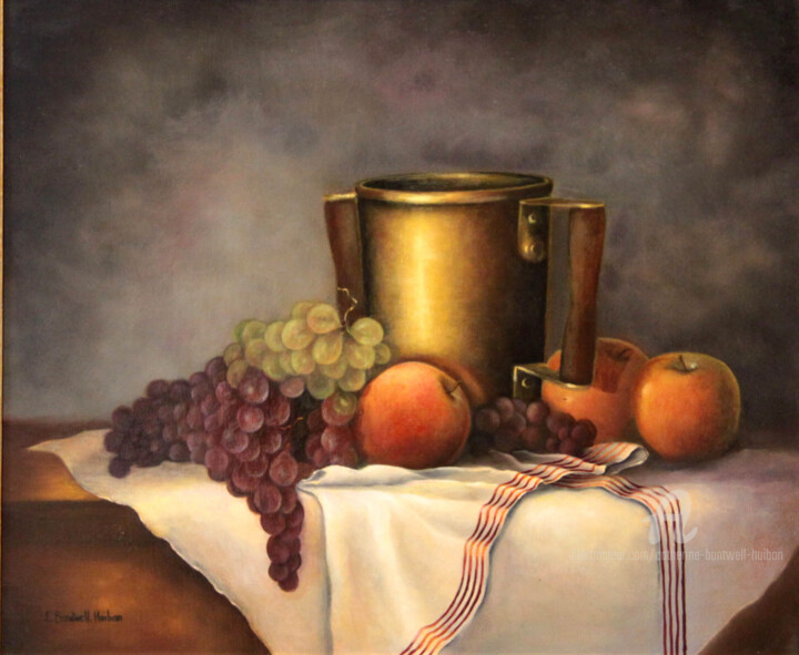 Peinture intitulée "Fruits et Laiton" par Catherine Bantwell Huiban, Œuvre d'art originale, Huile Monté sur Châssis en bois