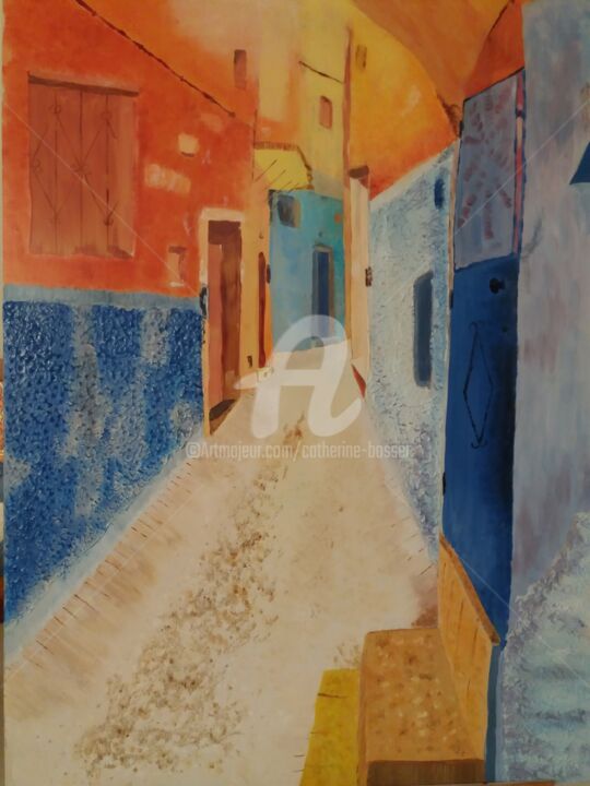 Painting titled "Ruelle marocaine" by Catherine Bosser, Original Artwork, Stained glass painting Mounted on Other rigid panel