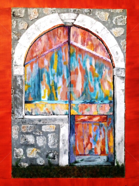 「La porte grecque」というタイトルの絵画 Catherine Bosserによって, オリジナルのアートワーク, アクリル ウッドストレッチャーフレームにマウント