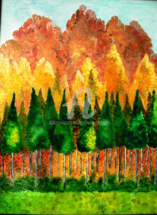 제목이 "Automne"인 미술작품 Catherine Bosser로, 원작, 스테인드 글라스 페인팅 나무 들것 프레임에 장착됨