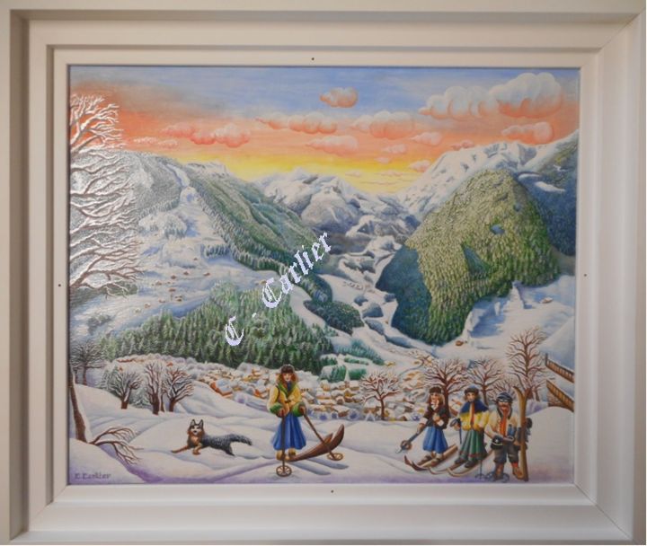 Peinture intitulée "les-skieurs-du-beau…" par Catherine  Carlier, Œuvre d'art originale, Huile
