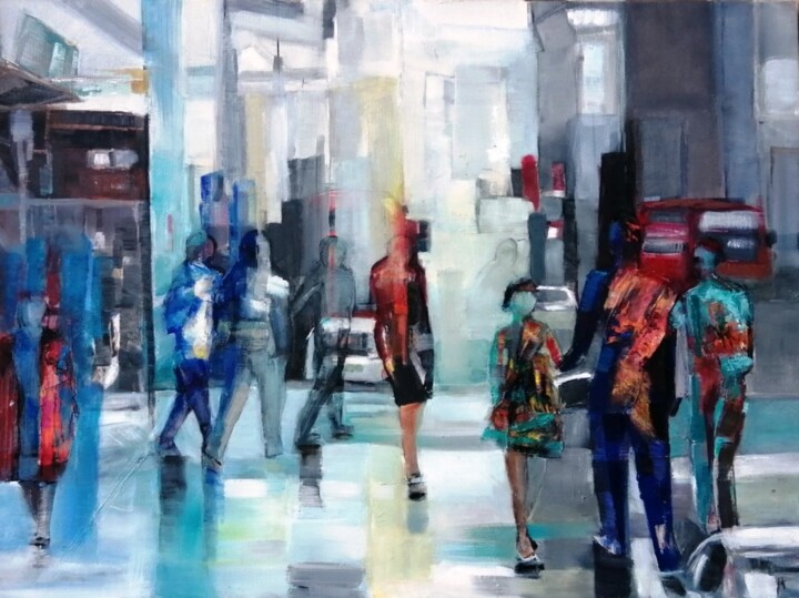 Painting titled "En Ville" by Catherine Cascio, Original Artwork, Oil