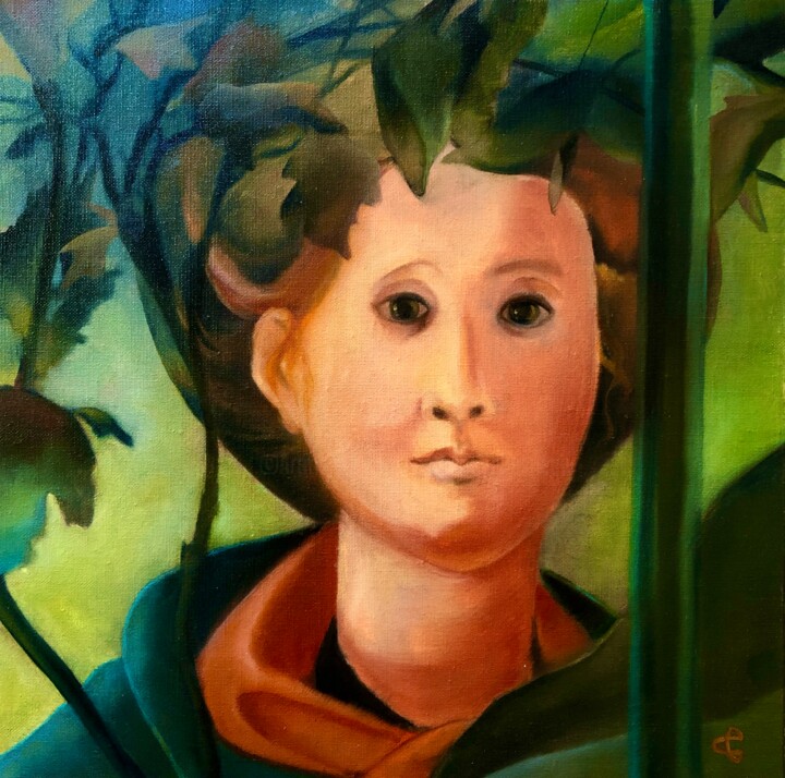 Painting titled "Pénélope, Vaillante" by Catherine Chesneau, Original Artwork, Oil Mounted on Wood Stretcher frame