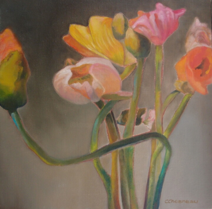 Painting titled "Pavots" by Catherine Chesneau, Original Artwork, Oil
