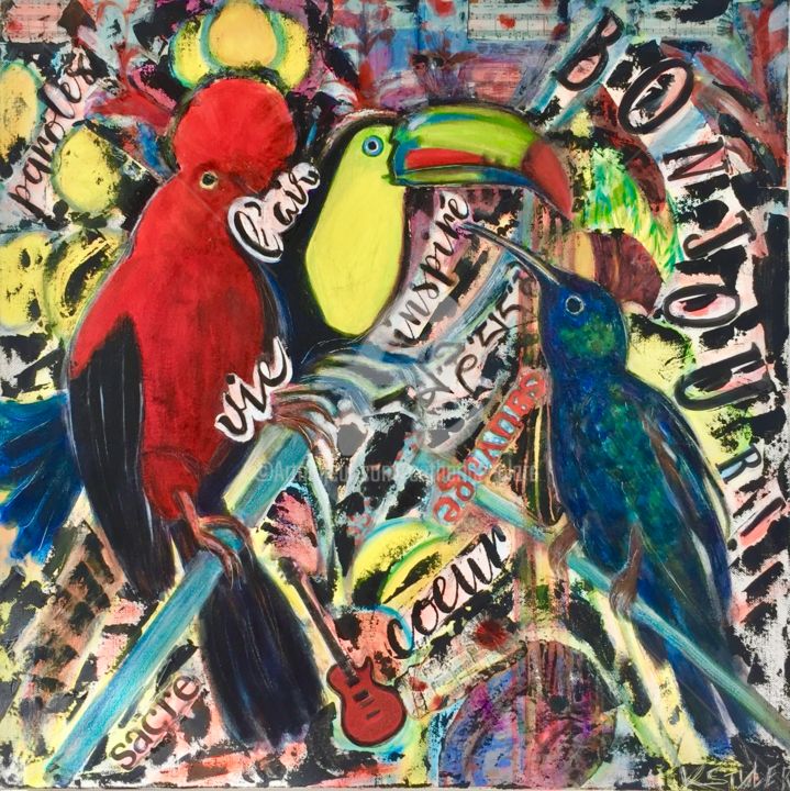 Painting titled "Pecking order" by Catherine Clare, Original Artwork, Acrylic Mounted on Wood Stretcher frame