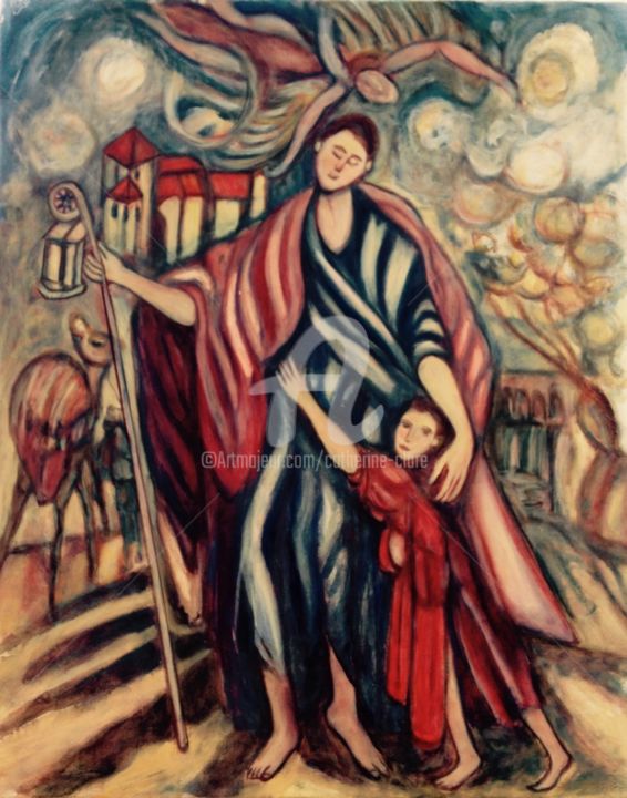 Painting titled "Père et fils" by Catherine Clare, Original Artwork, Oil Mounted on Wood Stretcher frame