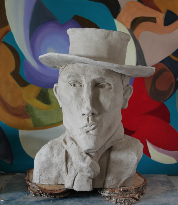 Sculpture titled "L'homme au chapeau…" by Catherine Costet (Lccat), Original Artwork, Terra cotta