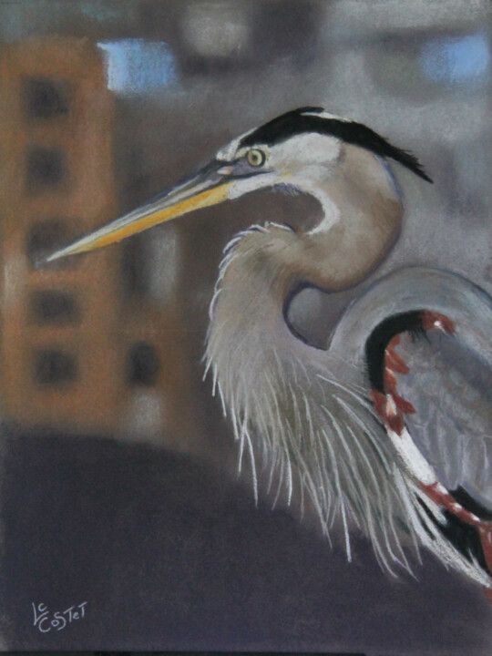 Painting titled "Le héron" by Catherine Costet (Lccat), Original Artwork, Pastel