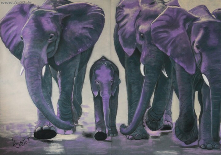 Peinture intitulée "Les éléphants" par Catherine Costet (Lccat), Œuvre d'art originale, Pastel