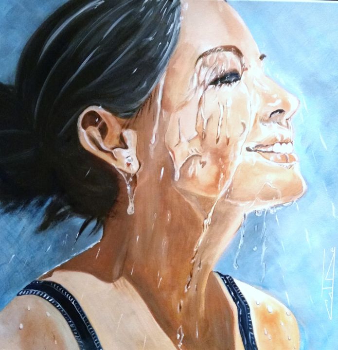 Peinture intitulée "femme-sous-la-pluie…" par Catherine Degrenne, Œuvre d'art originale, Huile