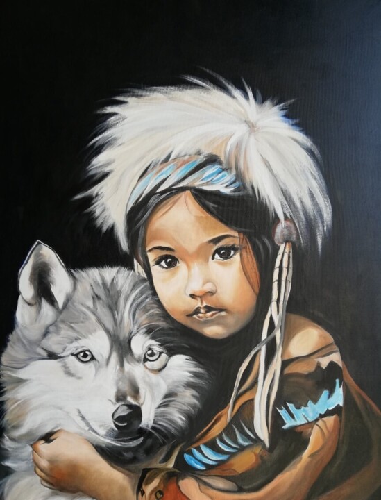 Malerei mit dem Titel "L'enfant et le loup" von Catherine Degrenne, Original-Kunstwerk, Öl