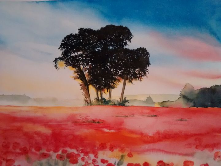 Painting titled "Coquelicots" by Catherine Delarue, Original Artwork, Watercolor