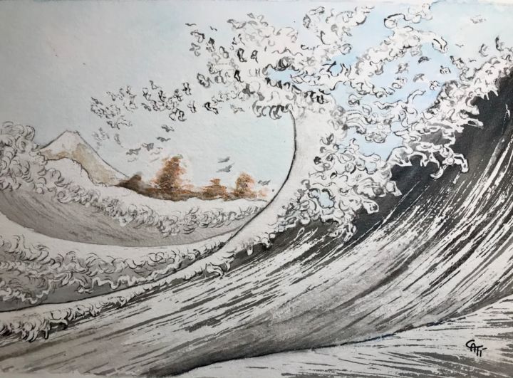 Malerei mit dem Titel ""Mont Fuji vu au-de…" von Catherine Dentz, Original-Kunstwerk, Aquarell