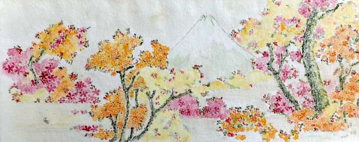 Malerei mit dem Titel "Mont Fuji en fleurs" von Catherine Dentz, Original-Kunstwerk, Aquarell