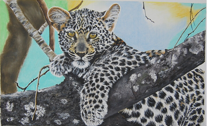 Malerei mit dem Titel "jeune-leopard-curie…" von Catherine Digue - Turpin, Original-Kunstwerk, Gouache
