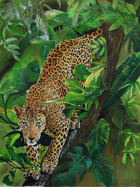 Painting titled "leopard-jungle.jpg" by Catherine Digue - Turpin, Original Artwork, Gouache
