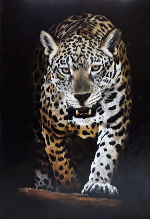 绘画 标题为“léopard en maraude” 由Catherine Digue - Turpin, 原创艺术品, 水粉 安装在木质担架架上