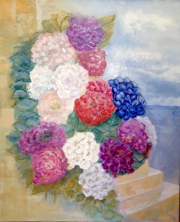 Painting titled ""Hortensias multico…" by Catherine Drouin-Goutal, Original Artwork, Oil