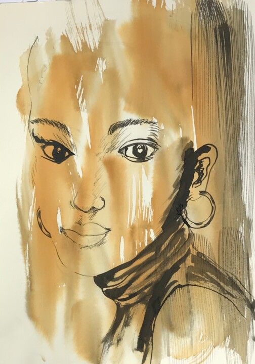 Dessin intitulée ""visage  sur fond o…" par Catherine Drouin-Goutal, Œuvre d'art originale, Encre