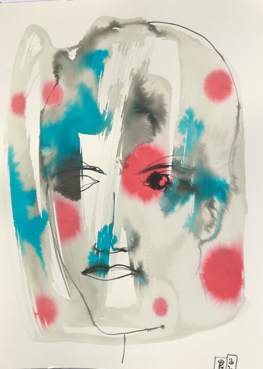 Dibujo titulada ""visage sur fond d'…" por Catherine Drouin-Goutal, Obra de arte original, Tinta