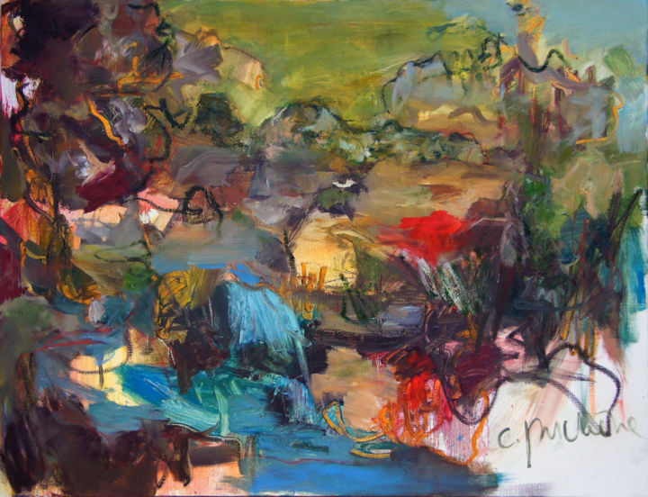 Painting titled "Les eaux d' Angkor" by Catherine Duchêne, Original Artwork, Oil