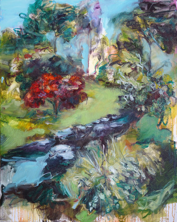 Painting titled "LE COURS D'EAU" by Catherine Duchêne, Original Artwork, Oil