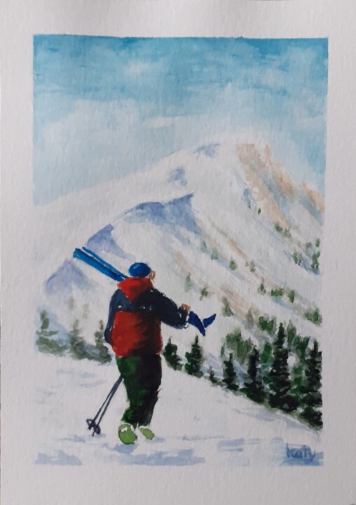 Painting titled "Le skieur" by Catherine Dufrene (Katy), Original Artwork, Watercolor
