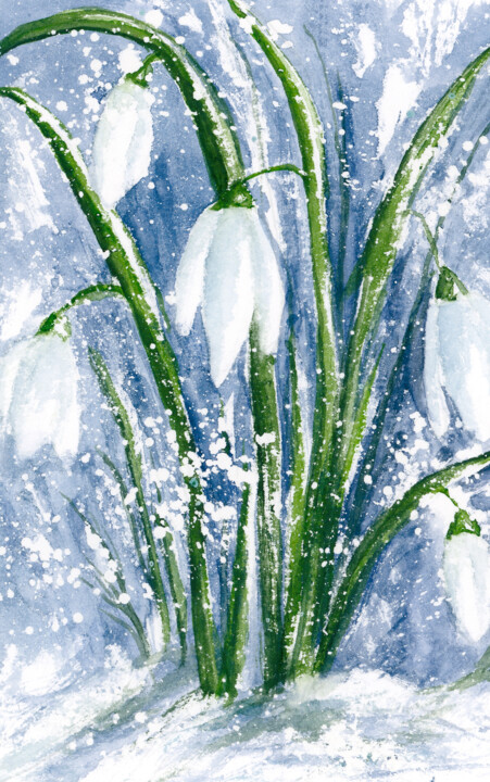 Pintura titulada "Perce neige sous la…" por Catherine Dufrene (Katy), Obra de arte original, Acuarela