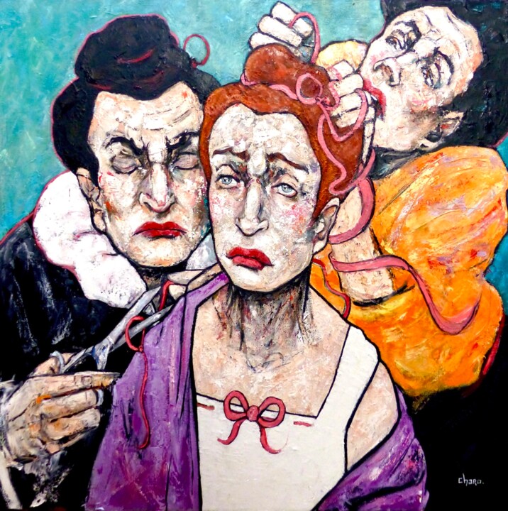Painting titled "Le Lien" by Catherine Haro, Original Artwork, Oil Mounted on Wood Stretcher frame
