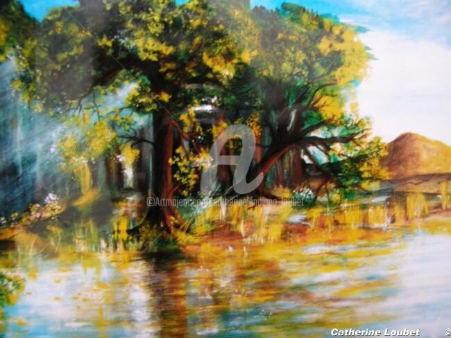 Painting titled "Fresque sous bois e…" by Catherine Indiana Loubet, Original Artwork, Oil