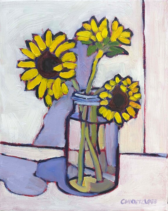 Painting titled "Three Sunflowers" by Catherine J. Martzloff, Original Artwork, Oil Mounted on Wood Stretcher frame