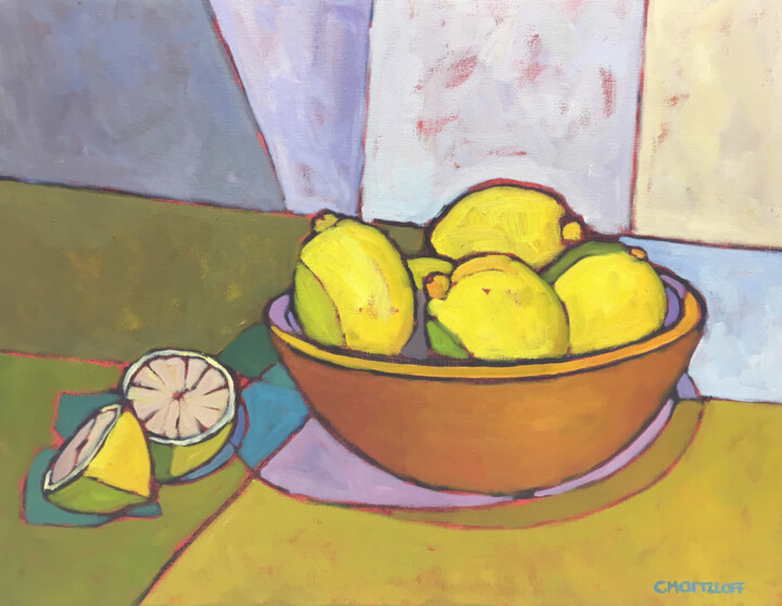 Painting titled "Zestful Lemons" by Catherine J. Martzloff, Original Artwork, Oil Mounted on Wood Stretcher frame