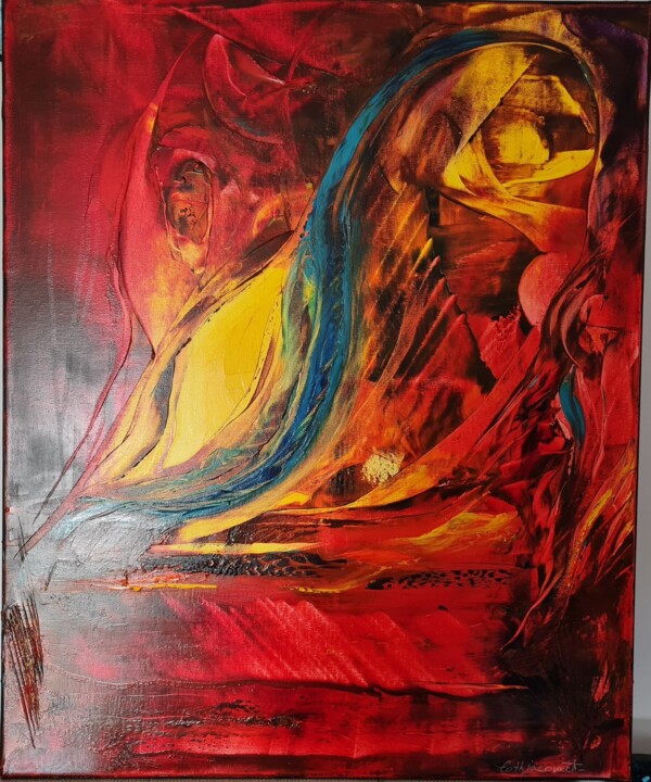 Painting titled "SPIRALE FLAMBOYANTE" by Catherine Jacomet, Original Artwork, Oil Mounted on Wood Stretcher frame