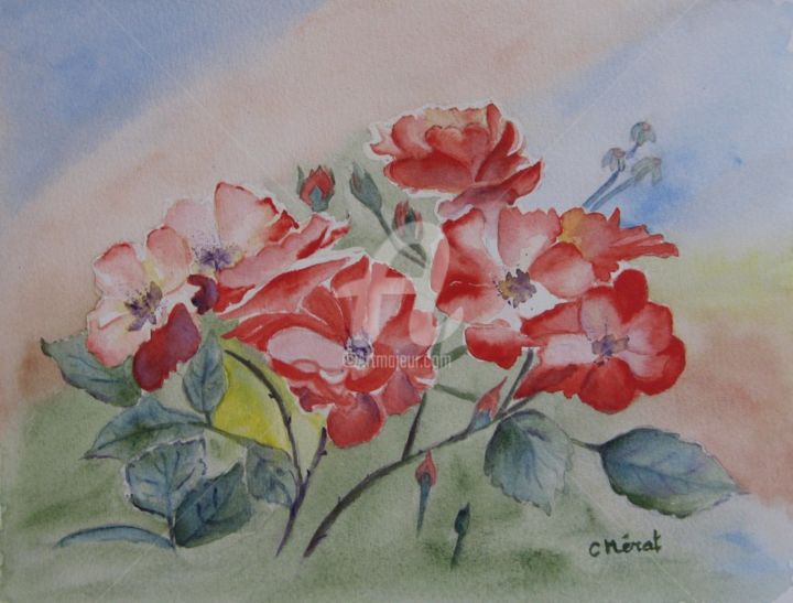Painting titled "roses sauvages" by Catherine Mérat, Original Artwork