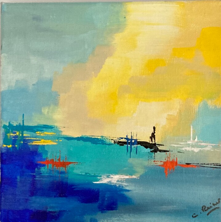 Painting titled "Bleu soleil" by Catherine Reiner Steinfels, Original Artwork, Acrylic Mounted on Wood Stretcher frame