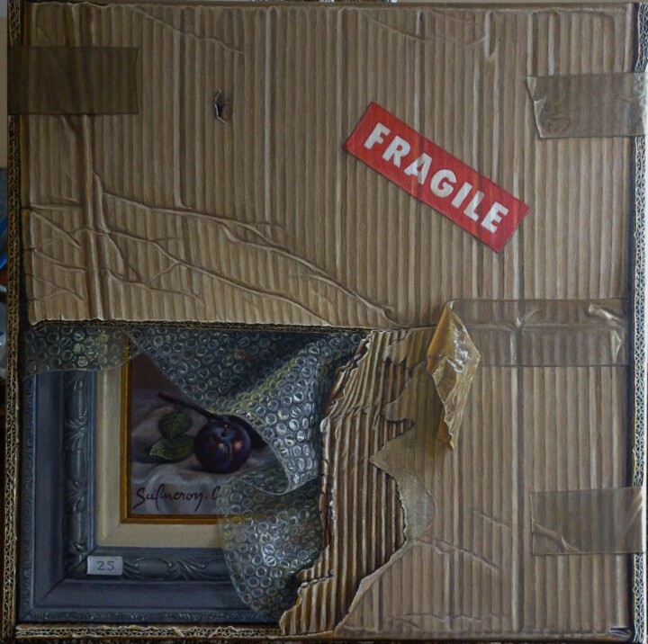 Painting titled "Déballage" by Catherine Salmeron, Original Artwork, Oil Mounted on Wood Stretcher frame