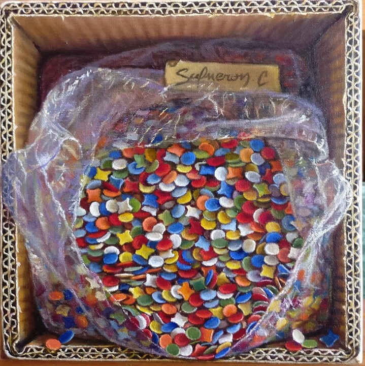 Peinture intitulée "Les confettis" par Catherine Salmeron, Œuvre d'art originale, Huile Monté sur Châssis en bois
