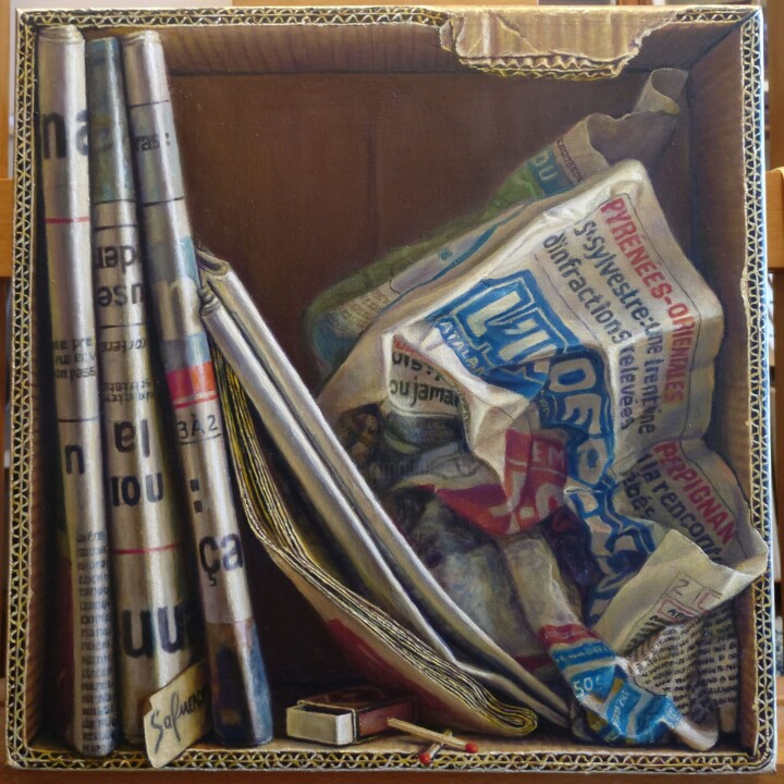 Painting titled "les journaux" by Catherine Salmeron, Original Artwork, Oil Mounted on Wood Stretcher frame