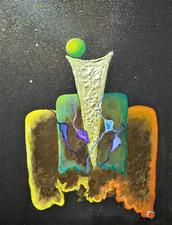 Painting titled "temple of green hope" by Catherine Sica, Original Artwork, Acrylic Mounted on Wood Stretcher frame
