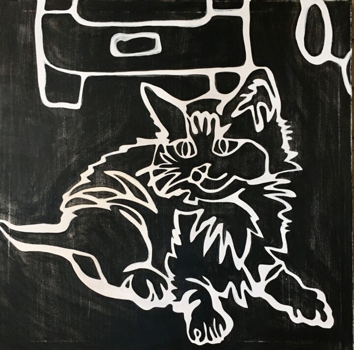 Painting titled "That Highway Kitten" by Catherine Stroud, Original Artwork, Acrylic
