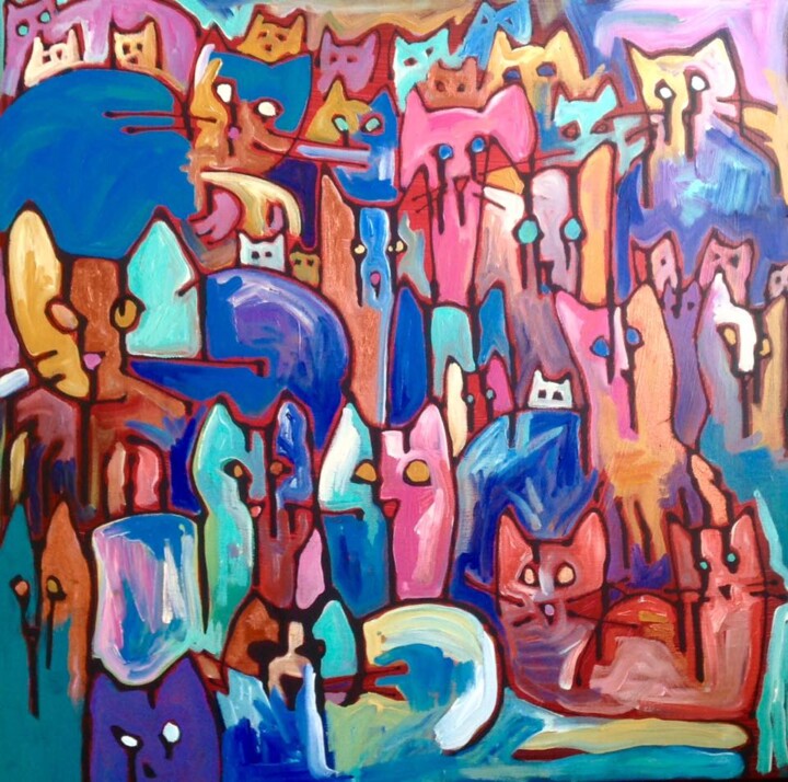 Painting titled "Cats Galore" by Catherine Stroud, Original Artwork, Acrylic
