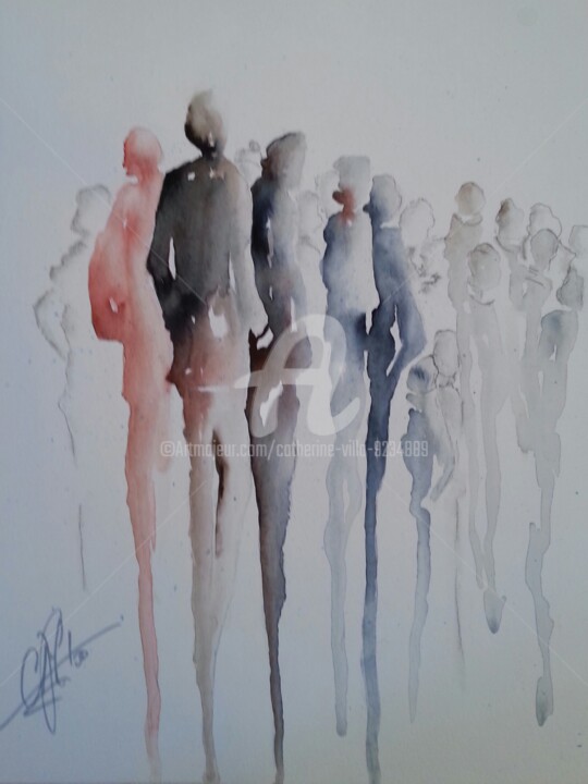 Painting titled "FOULE" by Catherine Villa, Original Artwork, Watercolor