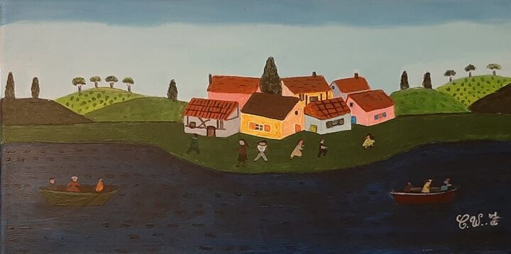 Painting titled "Village" by Catherine Willaumez, Original Artwork, Acrylic
